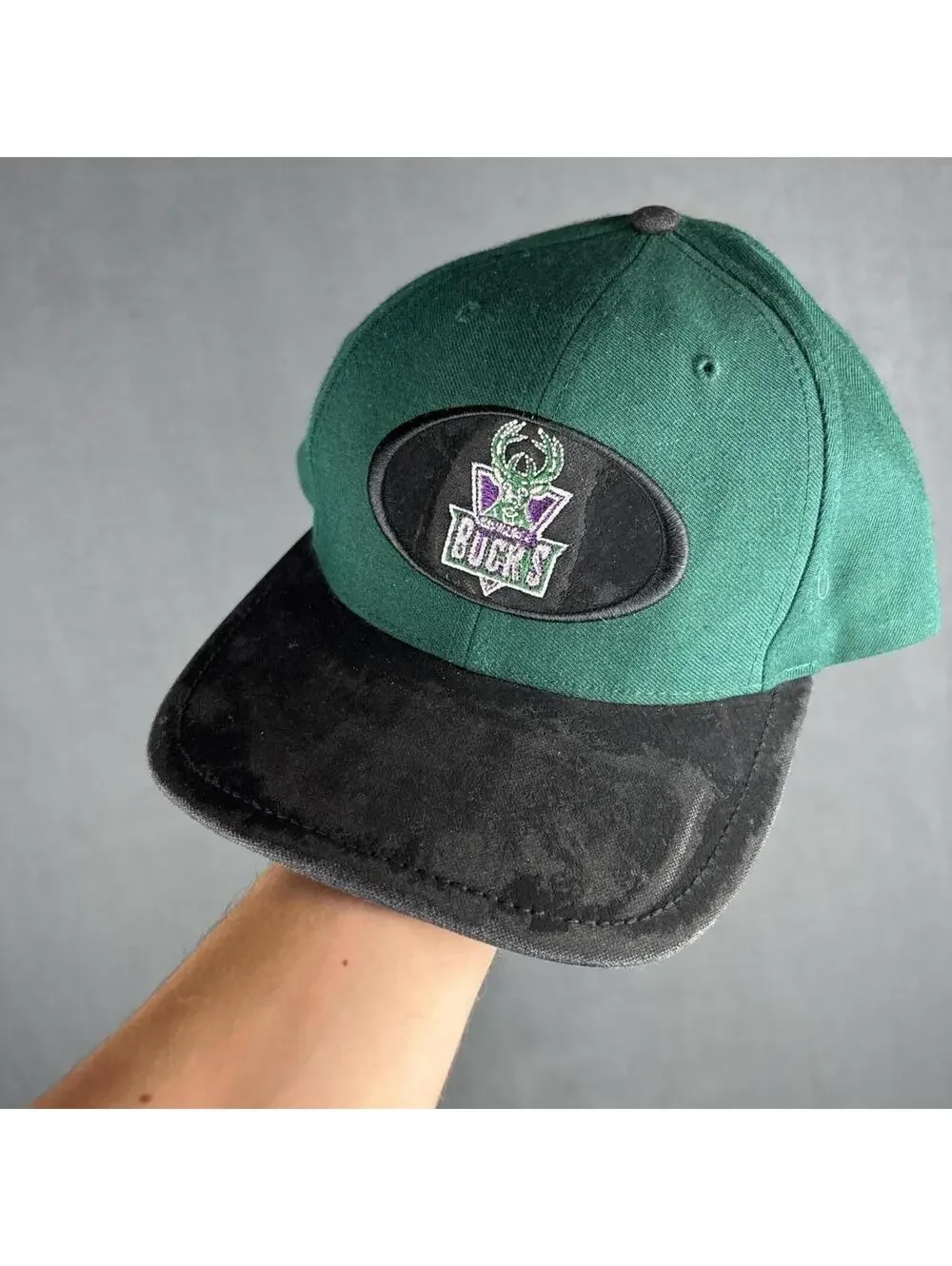 Vintage 90s Milwaukee Bucks Twins Snapback Hat Green Black Suede Brim NBA